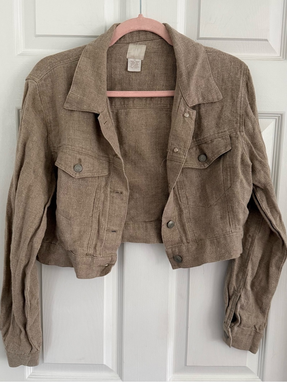 Vintage GAP Cropped Taupe 100% Linen Jean Jacket